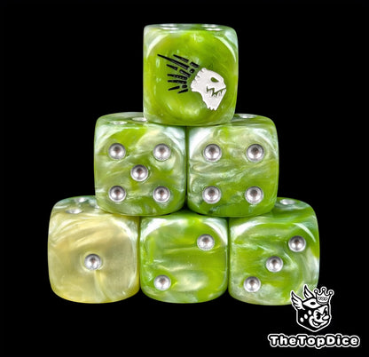 Green resin D6 dice with a white beaked alien emblem and silver pips