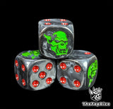 Close-up of a black D6 die with a snarling orc face