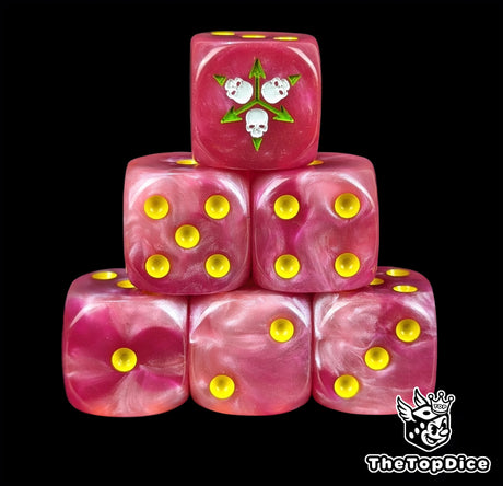 Purple resin D6 dice with a green three skull emblem and yellow plague pips