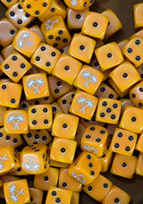 Pile of orange 16mm D6 dice with silver axe emblems for a fantasy dwarf army