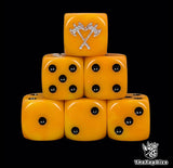 Orange 16mm D6 dice with a silver crossed axe emblem and black pips for fantasy wargaming