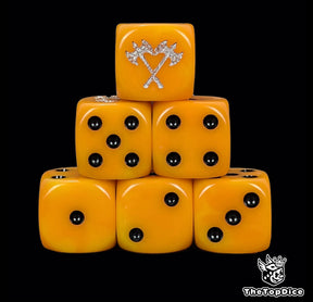 Orange 16mm D6 dice with a silver crossed axe emblem and black pips for fantasy wargaming