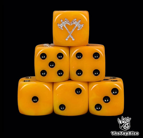 Orange 16mm D6 dice with a silver crossed axe emblem and black pips for fantasy wargaming