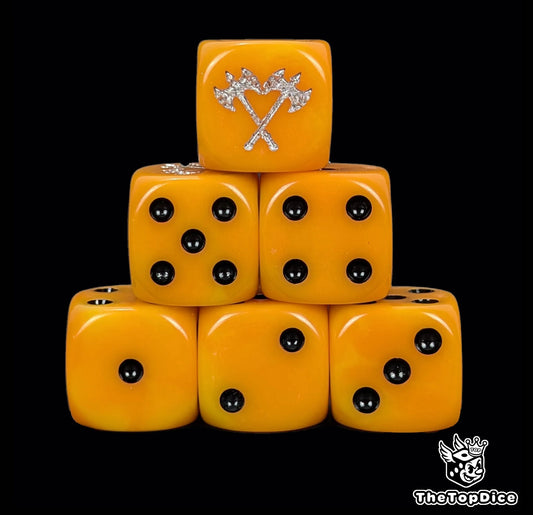 Orange 16mm D6 dice with a silver crossed axe emblem and black pips for fantasy wargaming