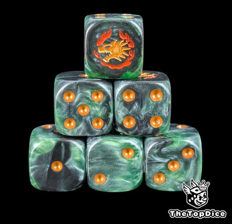 Black and green 16mm D6 dice with a gold fire drake emblem and gold pips for sci-fi wargaming