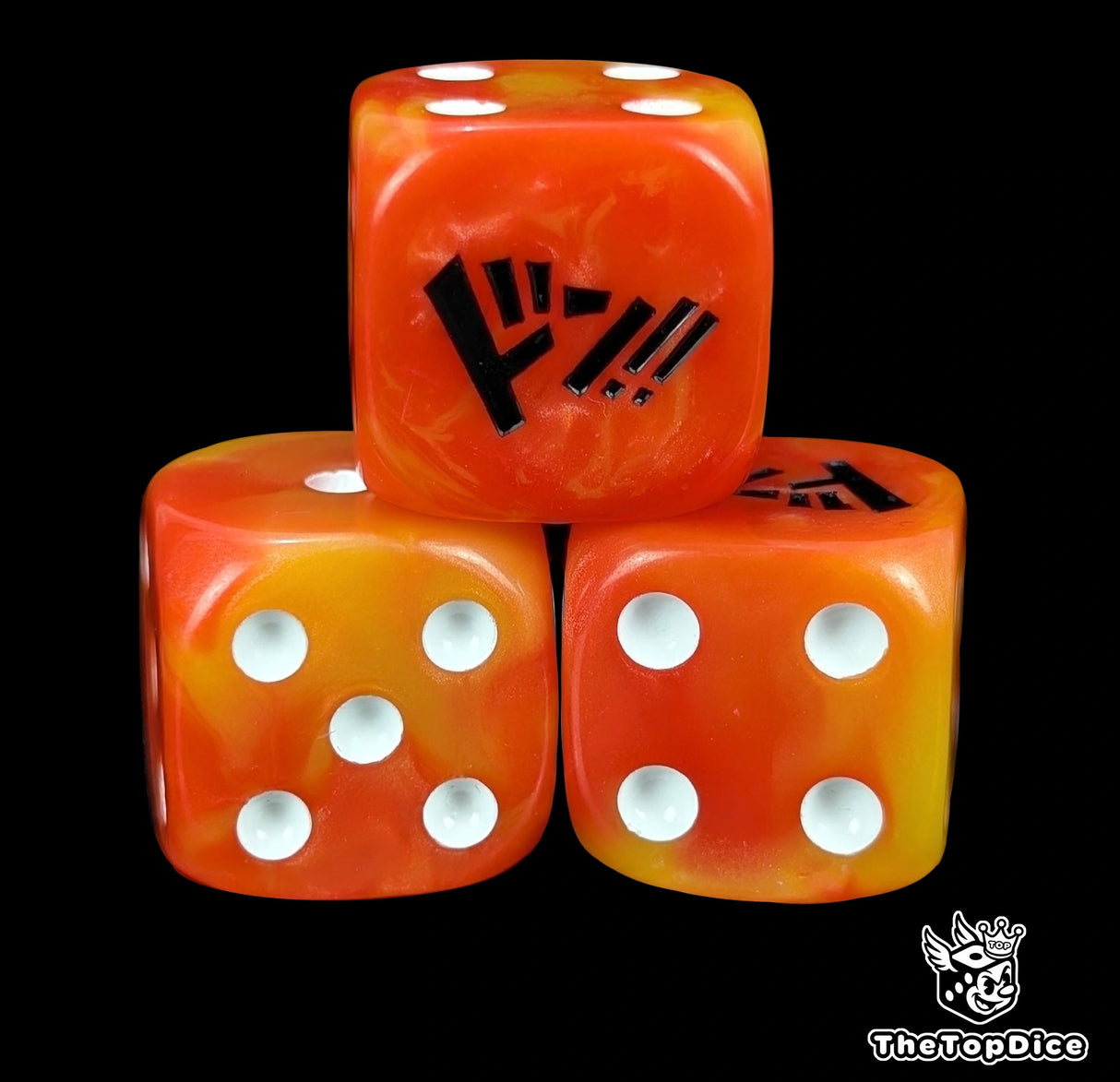 Close up of a fire red and orange 16mm resin D6 die engraved with white pips as a TCG power counter