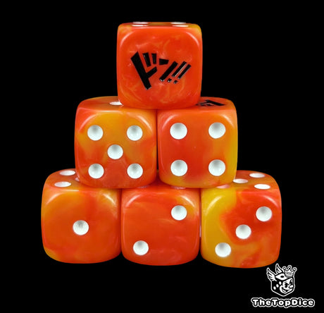 Fire red and orange 16mm D6 counter dice with white pips for anime pirate TCG