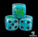 Close-up of three blue 16mm grimdark D6 dice engraved with a green five-headed hydra emblem
