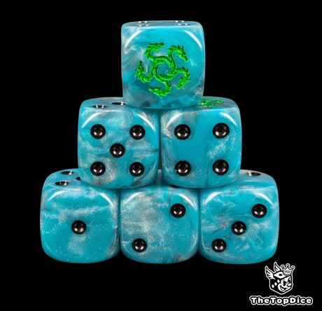 Blue 16mm resin D6 dice with green five-headed hydra emblem and black pips, hand painted for sci-fi covert legions and tabletop wargaming