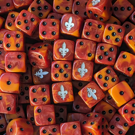 Pile of red and orange fleur 16mm D6 dice for a sci-fi crusader army