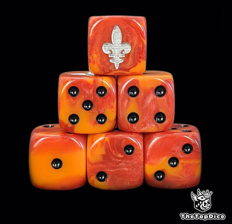 Red and orange 16mm D6 dice with a silver fleur de lis emblem and black pips for sci-fi wargaming