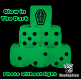 Fluorescent glow in the dark green 16mm D6 dice with a black tomb rune emblem and black pips for sci-fi wargaming