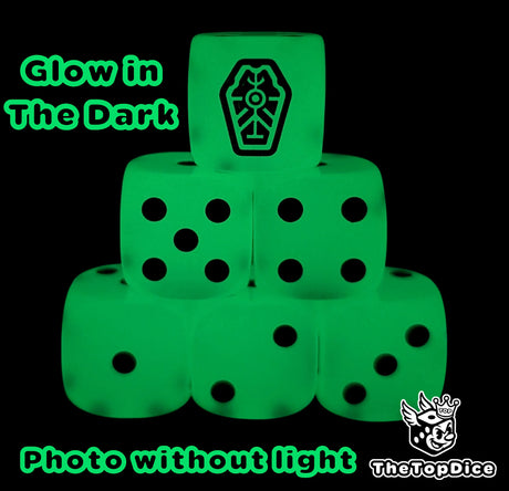Fluorescent glow in the dark green 16mm D6 dice with a black tomb rune emblem and black pips for sci-fi wargaming