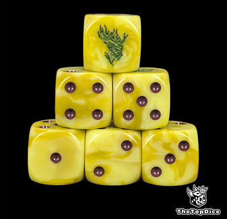 Close up of two yellow D6 with a green elf face logo on the six face for fantasy football