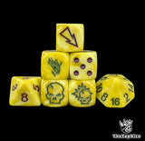 Yellow forest elf fantasy football dice set of seven 16mm resin dice compatible with Blood Bowl