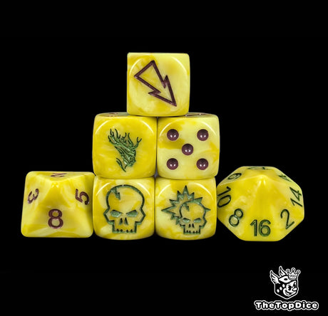 Yellow forest elf fantasy football dice set of seven 16mm resin dice compatible with Blood Bowl
