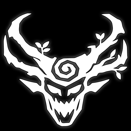 Antlered forest spirit face with vines, white on black, tile for woodland fantasy 16mm dice