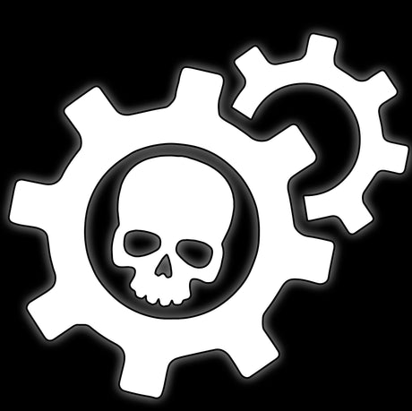 Cog wheel enclosing a skull in white on black, tile for forge priest tech 16mm sci-fi dice