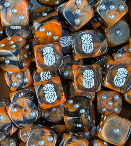 Pile of orange tech dwarf 16mm D6 dice for a sci-fi dwarf army