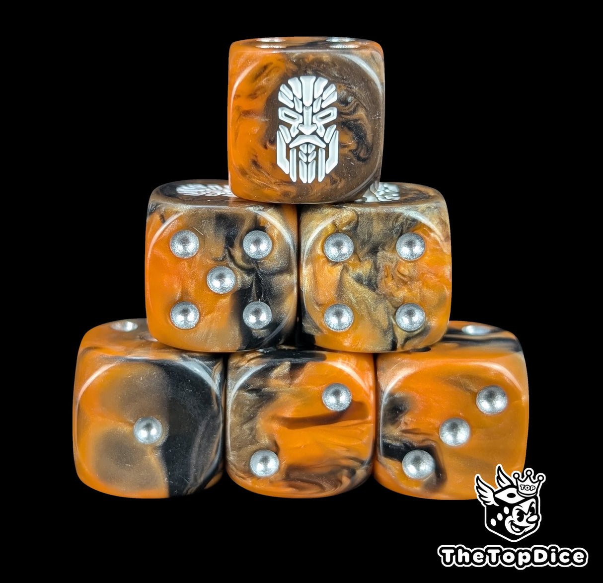 Orange and black 16mm D6 dice with a white rune face emblem and silver pips for sci-fi wargaming