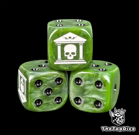 Close-up of a green D6 die with a white skull in a fortress gate