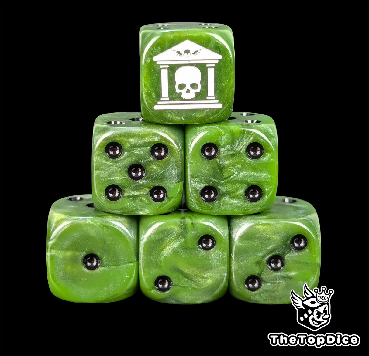 Green resin D6 dice with a white skull and fortress gate emblem and black pips