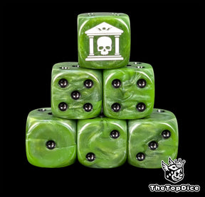 Green resin D6 dice with a white skull and fortress gate emblem and black pips