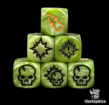 Close up of three green 16mm block dice with gold pips for resolving blocks