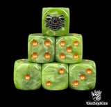 Close up of two green D6 with a black frog face logo on the six face for fantasy football