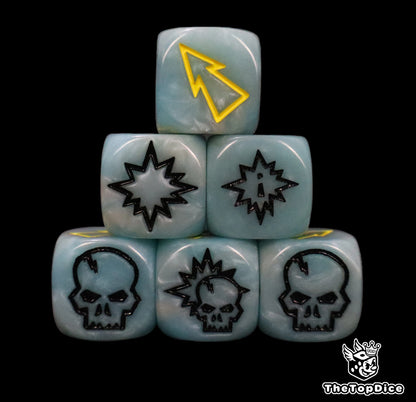 Close up of three sky blue 16mm block dice with yellow pips for resolving blocks