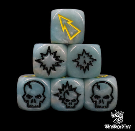 Close up of three sky blue 16mm block dice with yellow pips for resolving blocks