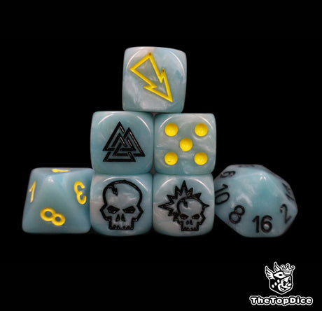 Sky blue viking fantasy football dice set of seven 16mm resin dice compatible with Blood Bowl