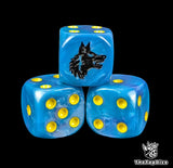 Close up of a blue 16mm resin D6 die engraved with a black wolf head and yellow pips