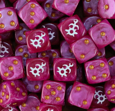 Pile of magenta Slaanesh dice with gold pips and white chaos spirals