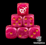 Six maroon Slaanesh D6 stacked, gold pips and a white chaos spiral