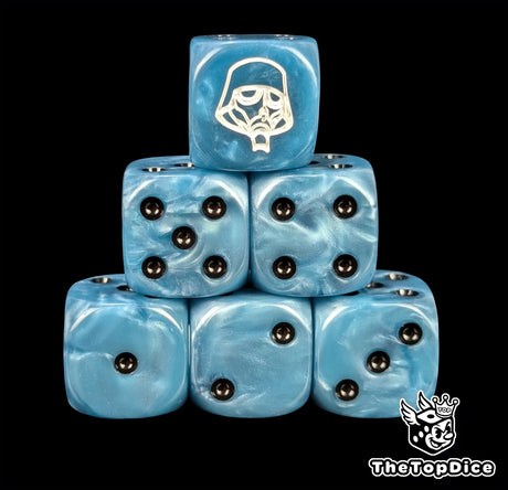 Blue resin D6 dice with a white gas mask helm and black pips