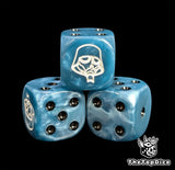 Close-up of a blue D6 die with a white gas mask helm