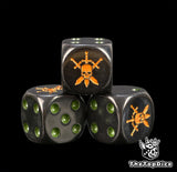 Close up of black Tanith First and Only dice with green pips and a gold skull and swords sigil