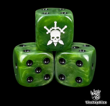 Close-up of three olive green 16mm grimdark D6 dice engraved with a white skull
