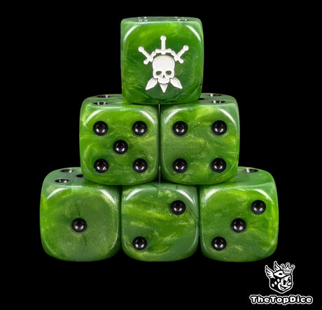 Olive green 16mm resin D6 dice with white skull and three swords emblem and black pips, hand painted for sci-fi stealth regiments and tabletop wargaming