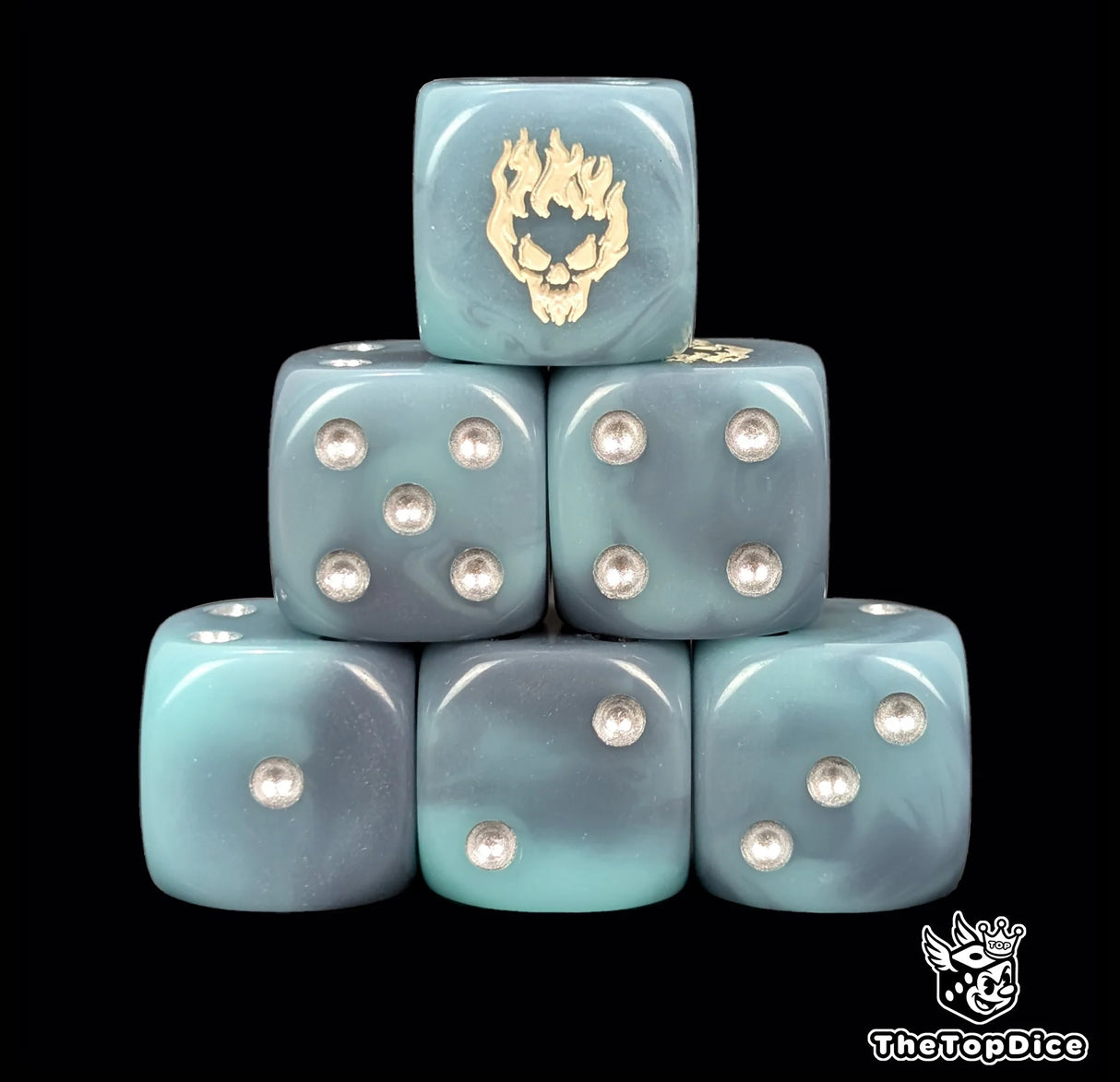 Spectral blue 16mm D6 dice with a white ghost skull emblem and silver pips for fantasy wargaming