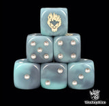 Spectral blue 16mm D6 dice with a white ghost skull emblem and silver pips for fantasy wargaming