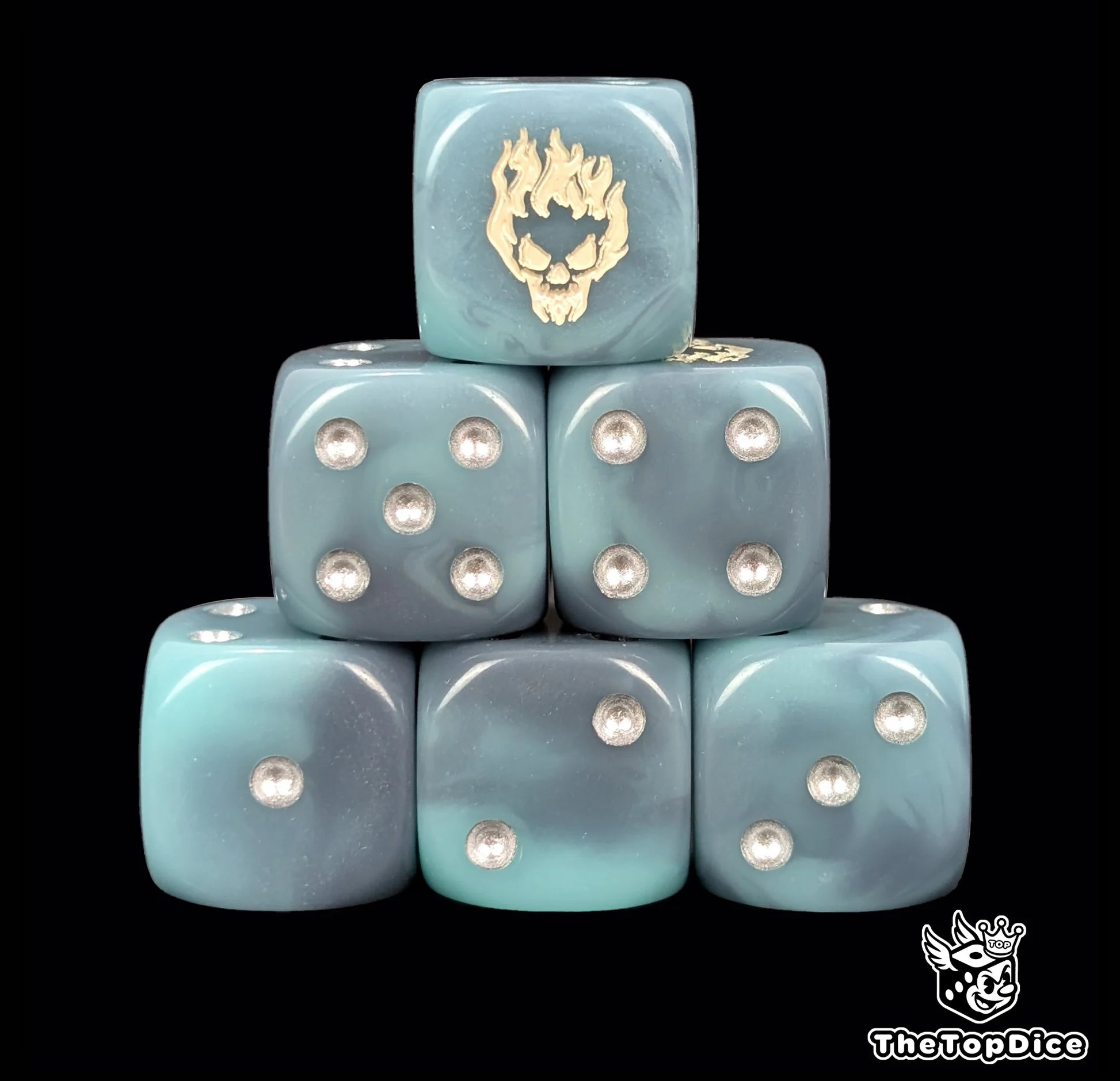 Spectral blue 16mm D6 dice with a white ghost skull emblem and silver pips for fantasy wargaming