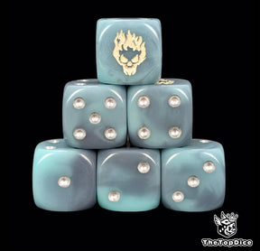 Spectral blue 16mm D6 dice with a white ghost skull emblem and silver pips for fantasy wargaming