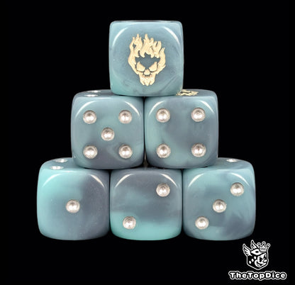 Spectral blue 16mm D6 dice with a white ghost skull emblem and silver pips for fantasy wargaming