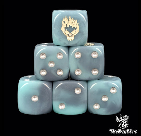 Spectral blue 16mm D6 dice with a white ghost skull emblem and silver pips for fantasy wargaming