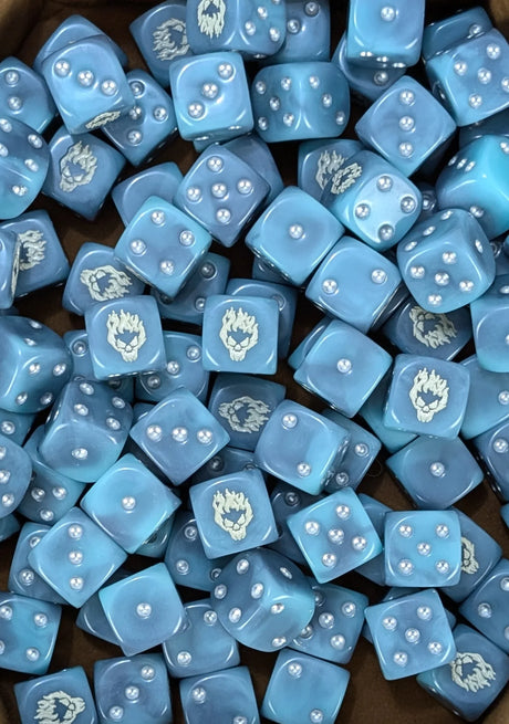Pile of spectral blue ghost 16mm D6 dice for a fantasy undead army