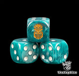 Three teal space dwarf dice with a gold kin rune and white pips