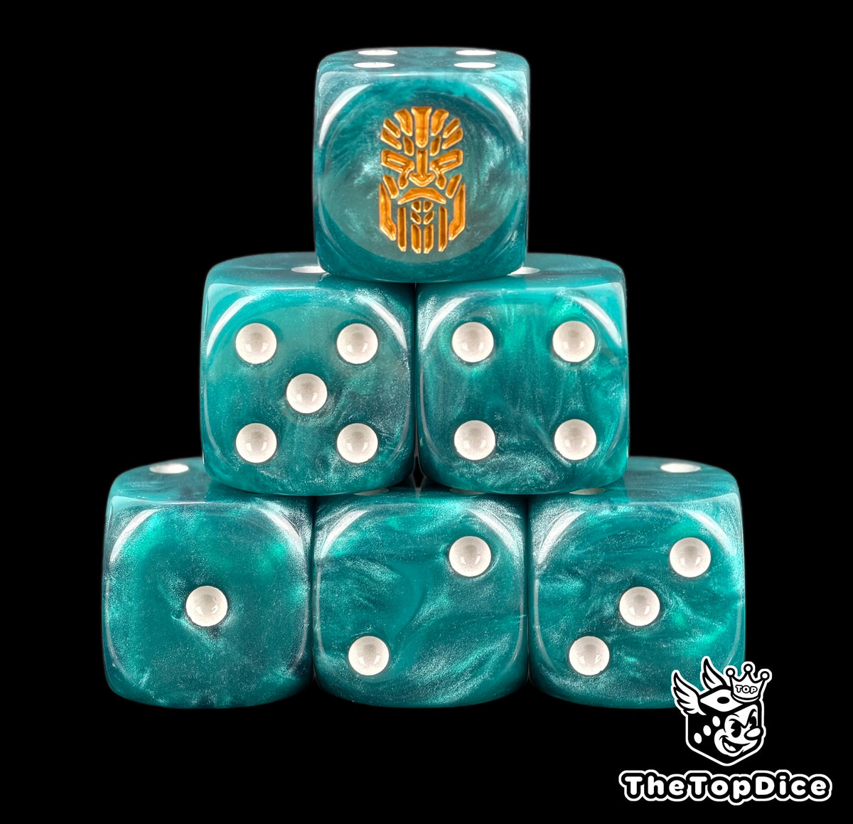 Six teal Votann D6 stacked, white pips and a gold ancestor rune