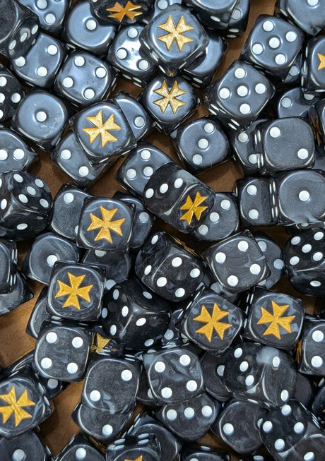 Full tray of black and grey Gilded Cross Crusaders D6 dice for tabletop wargaming and RPGs